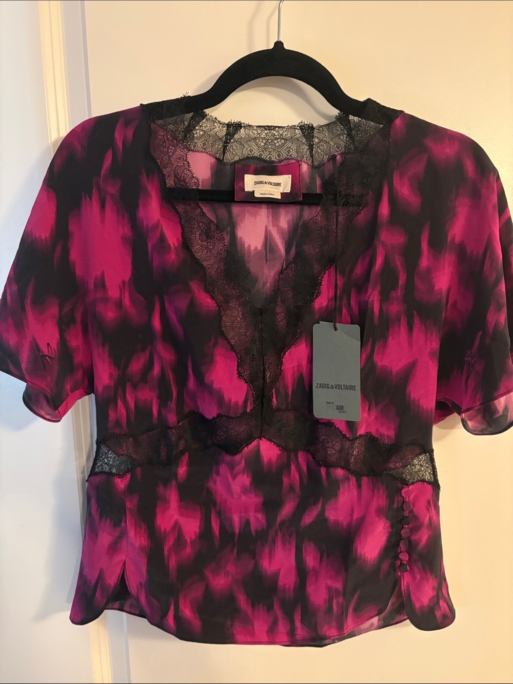 Zadig & Voltaire Fuchsia and Black Lace-Trim Silk Blouse